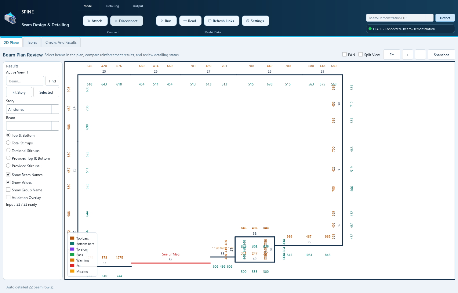 Plan review of 22 ETABS beams in SPINE